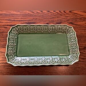 Bordallo Pinheiro Green Ceramic Serving Platter with Ornate Filigree Border